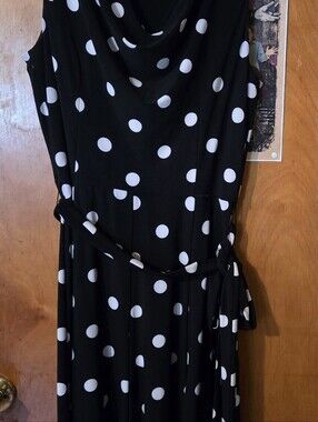 Lauren Ralph Lauren Black & White Polka Dot Sleeveless Cowl Neck Belted Dress -